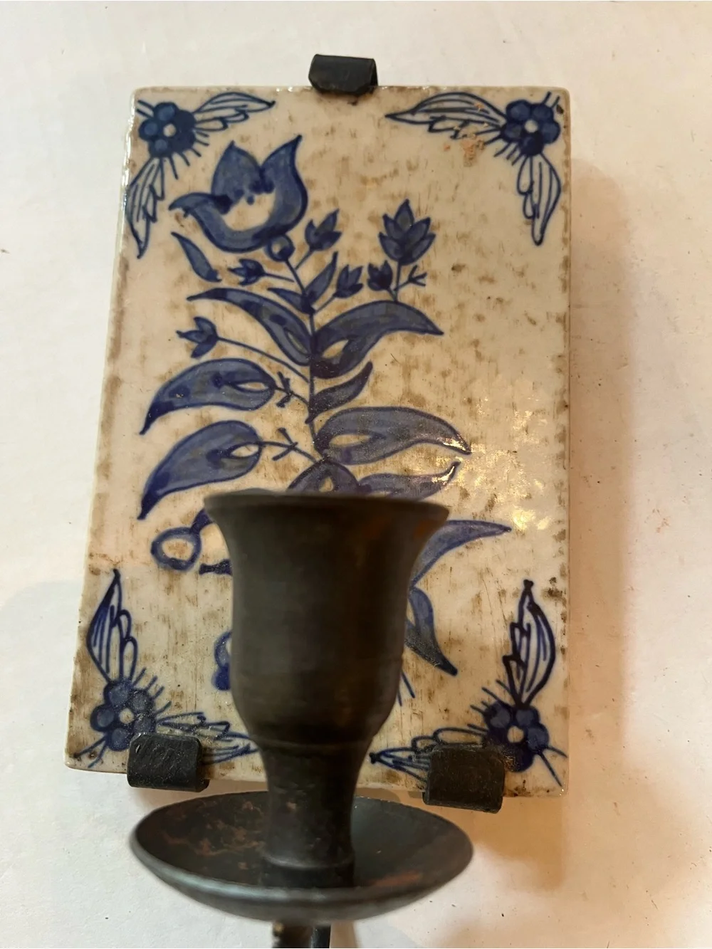 Vintage Blue Floral Ceramic Wall Sconce Candle Holder